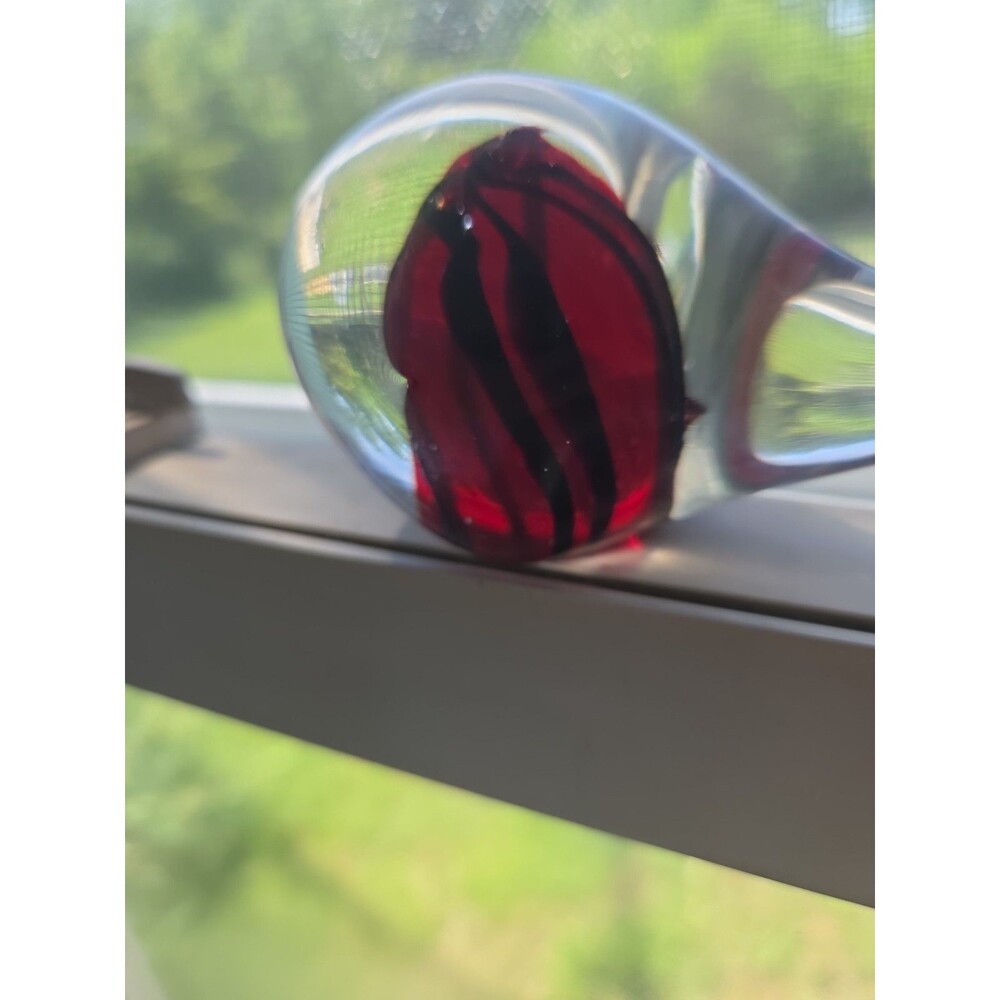 Vintage Art Glass Whale Paperweight Clear Red Black Stripes 5" Long Blown - Picture 6 of 7